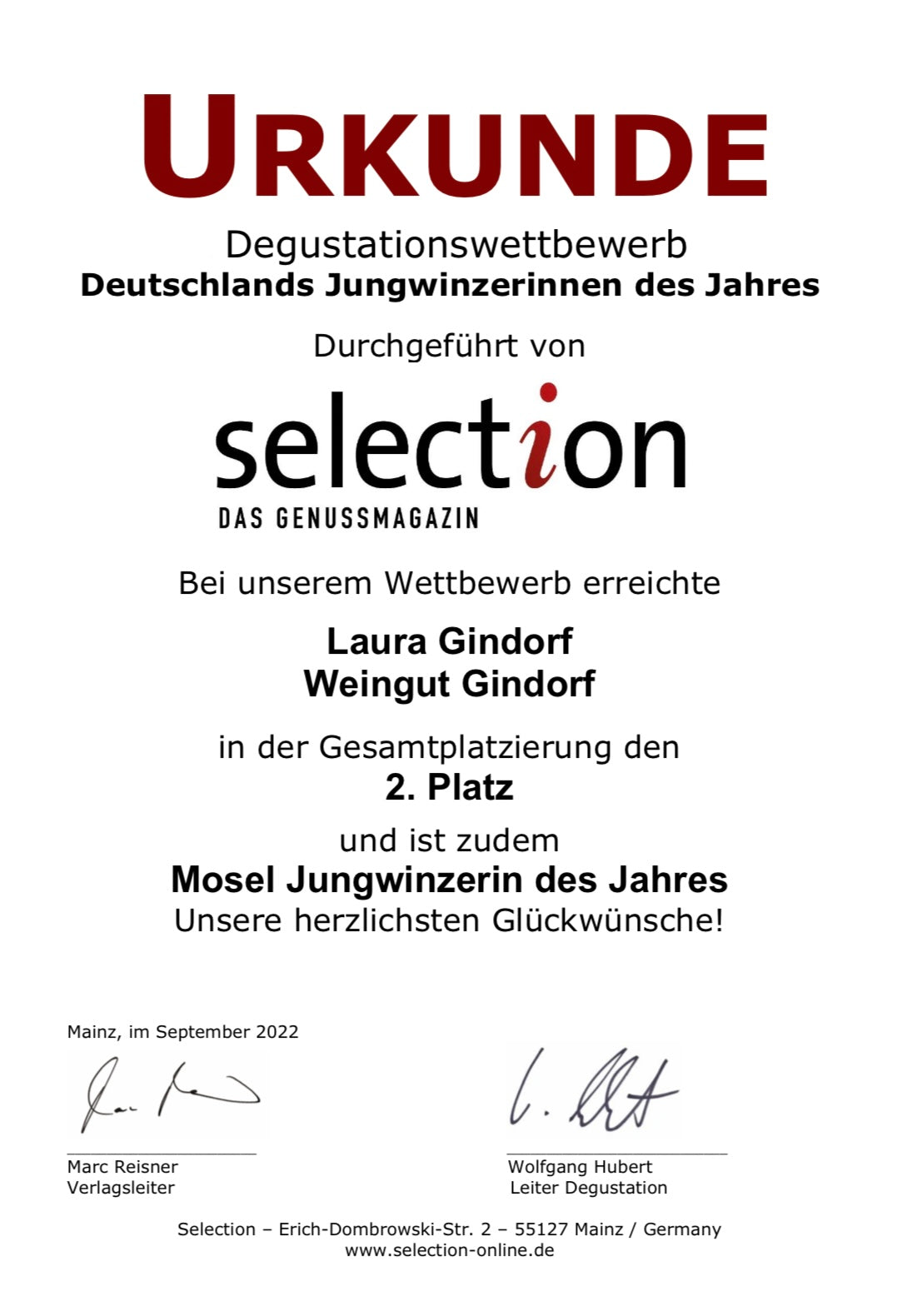 Auszeichnung Genussmagazin Selection