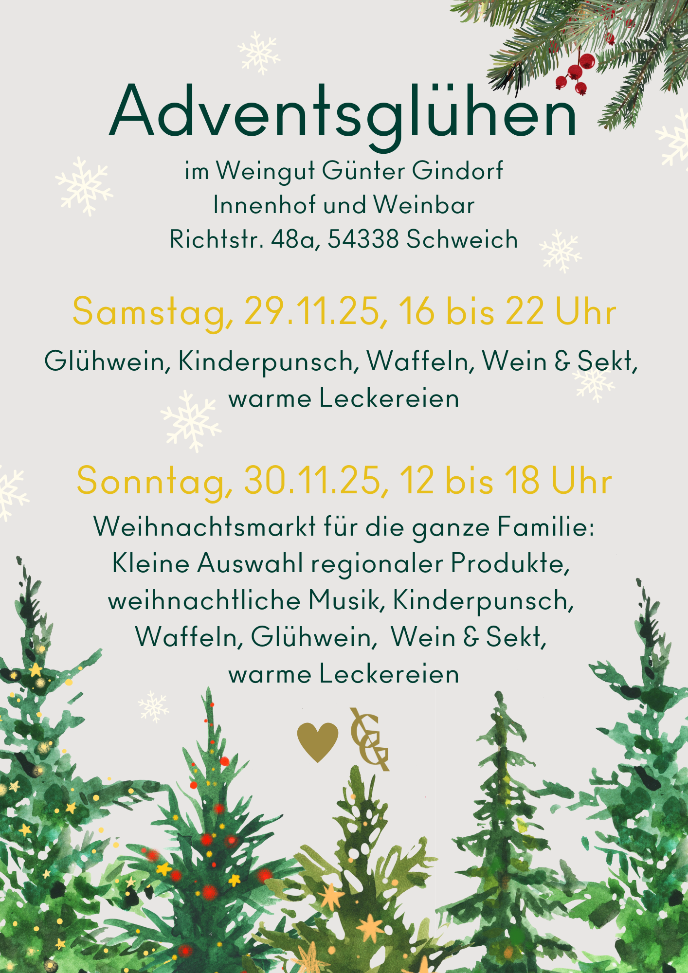 Plakat für das Adventsglühen im Weingut Günter Gindorf mit Terminen, Programmpunkten und weihnachtlicher Grafik mit Tannen und Schneeflocken.