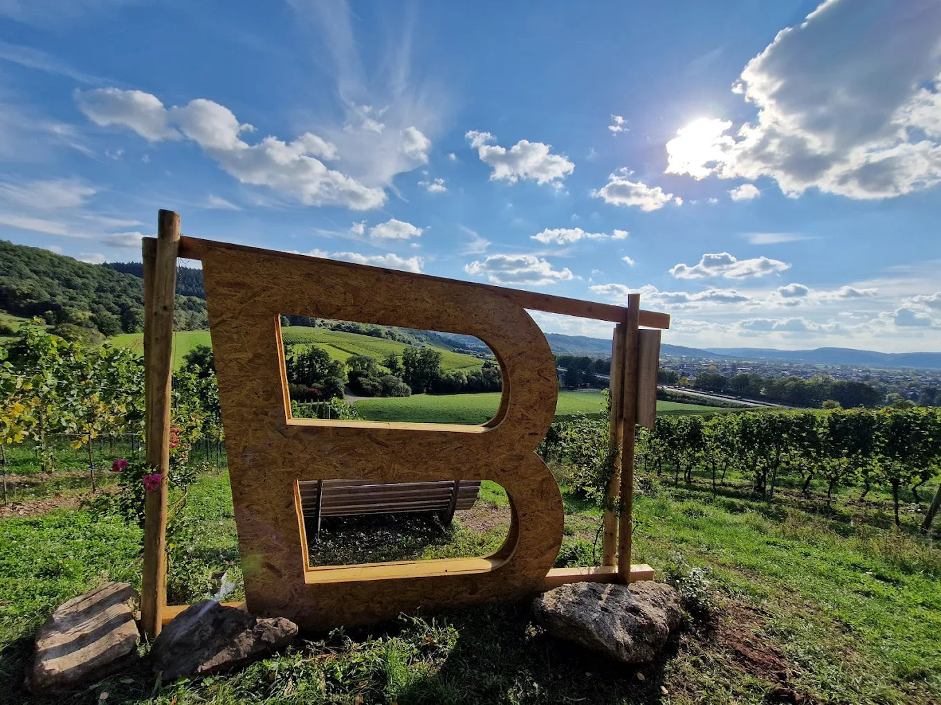Holzskulptur in Form eines großen Buchstabens B in den Weinbergen bei Schweich (Einzellage Schweicher Burgmauer), mit Blick über das Moseltal und sonnige Hügel unter blauem Himmel.